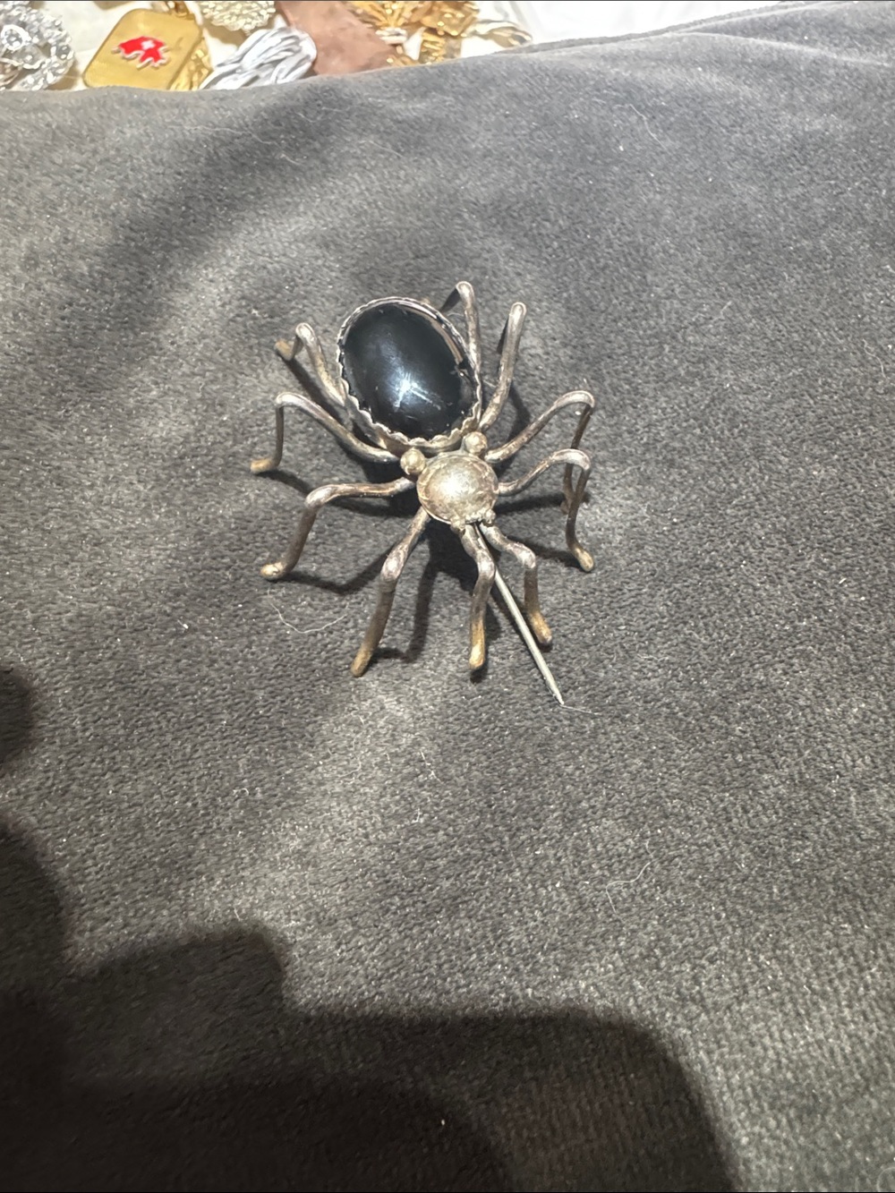 Vintage sterling silver Navajo E Spencer black onyx spider brooch